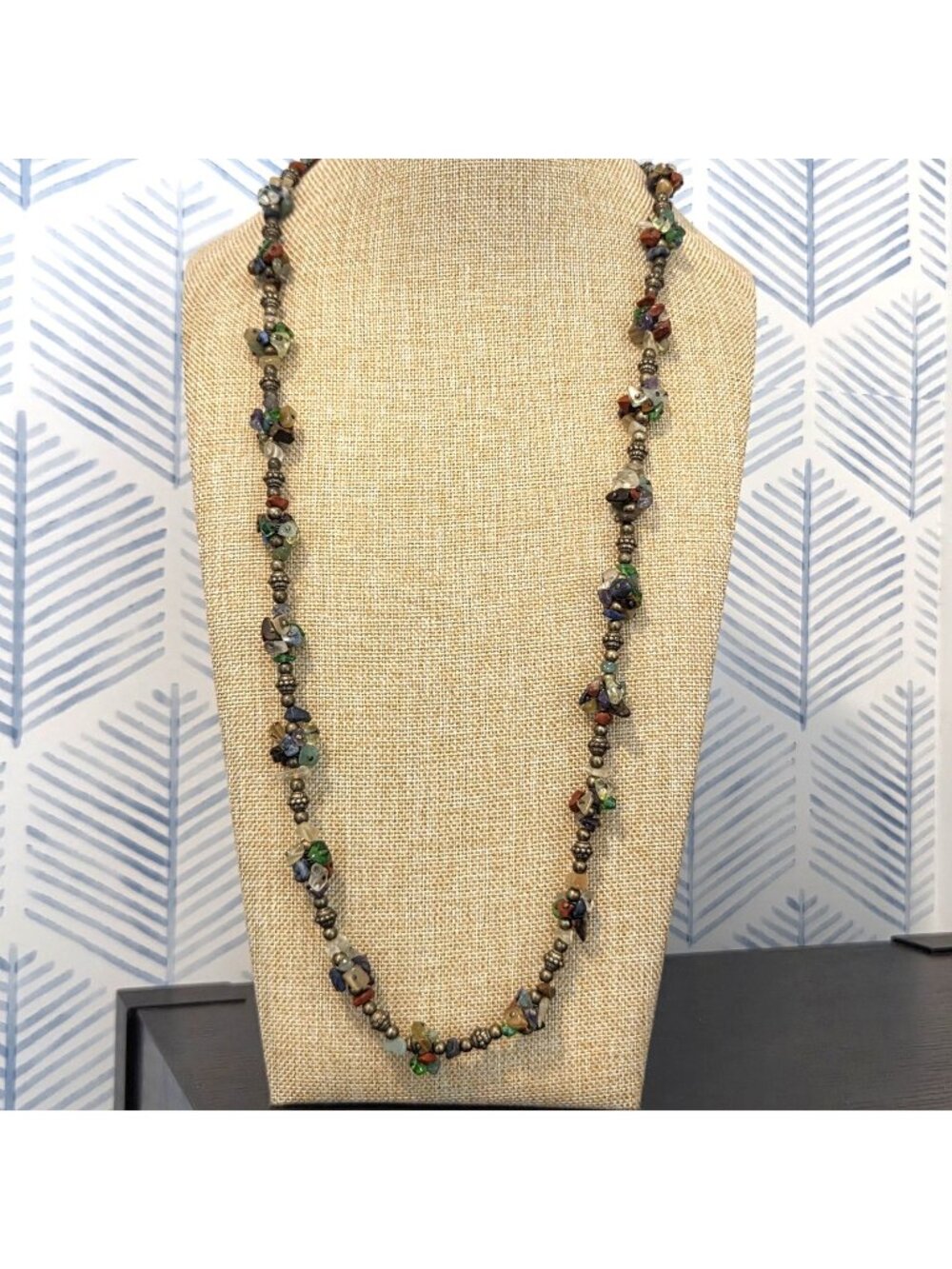Cookie Lee Gem Stone Chip Cluster Brass Beaded 36" Long Necklace